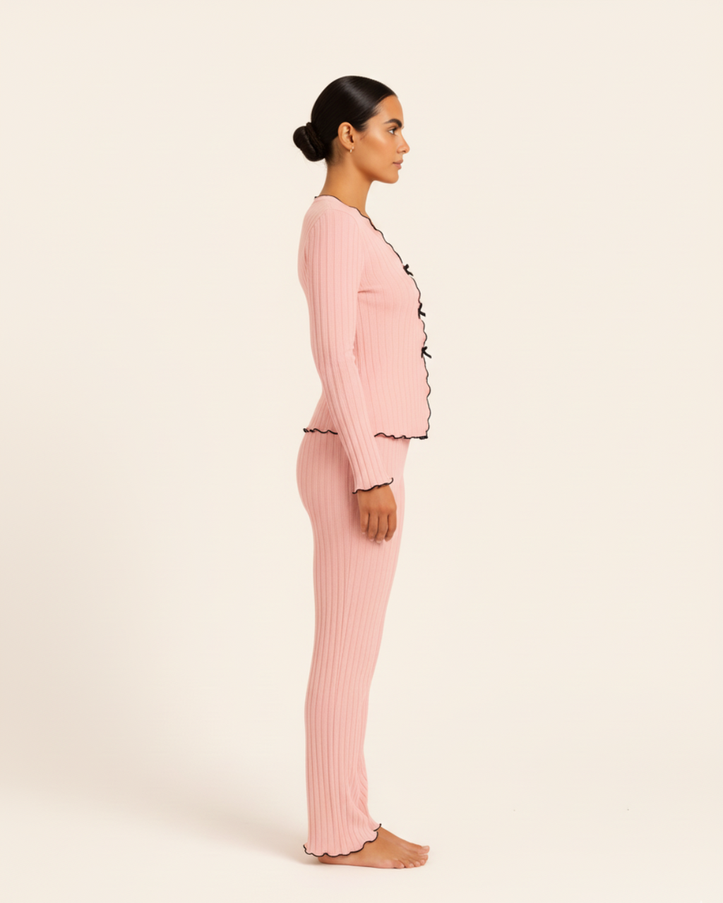 Women’s Cotton Pajama Set – Long Sleeve Top and Full Length Pants with Trim