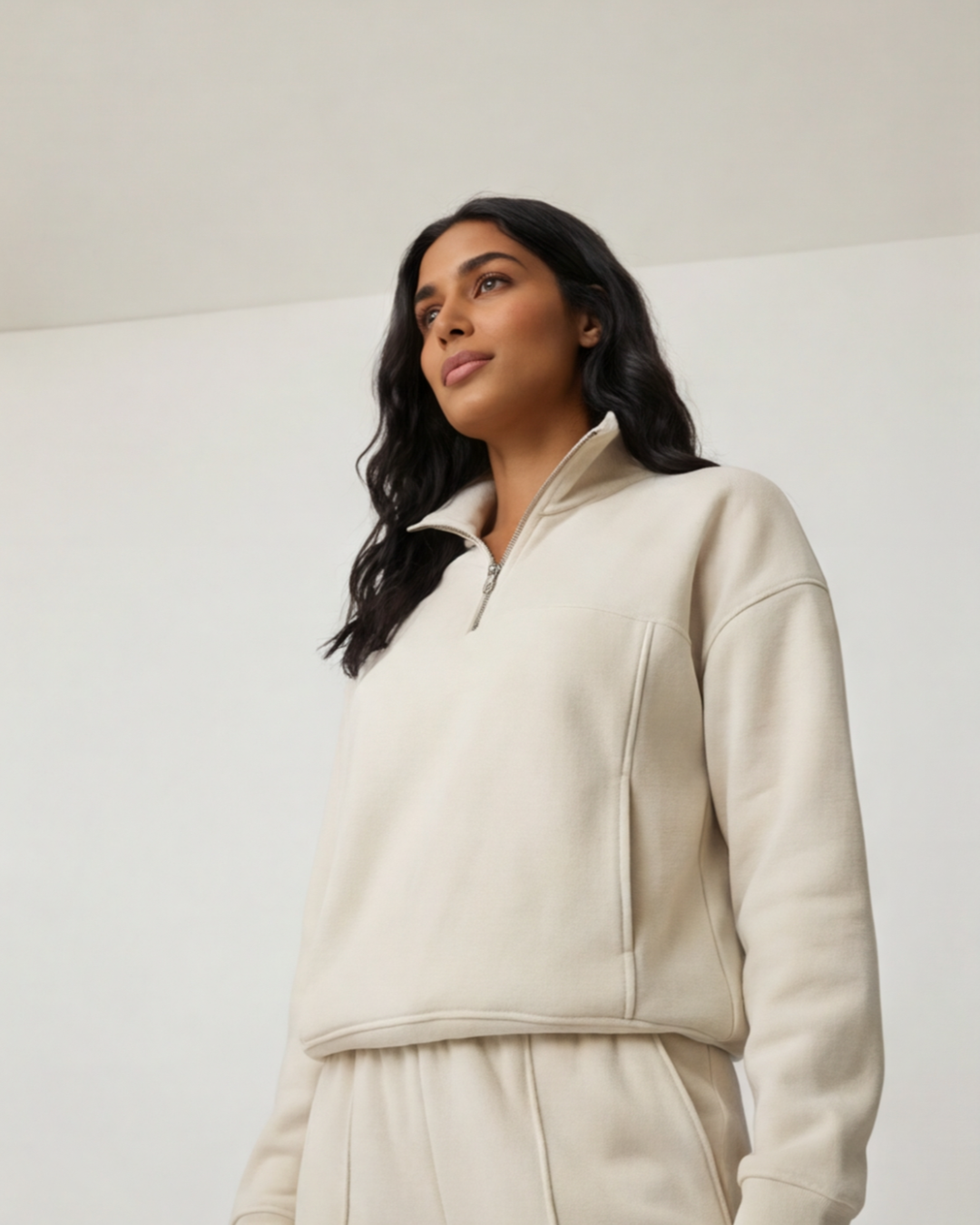 Women’s White Two-Piece Lounge Set – Relaxed Fit Half-Zip Sweater and Comfortable Pants