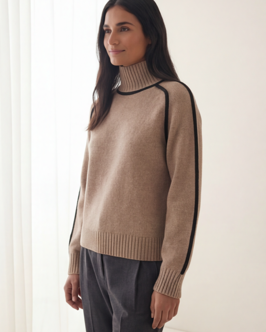 Women’s Warm Turtleneck Sweater – Casual Color-Block Knit for Fall and Winter