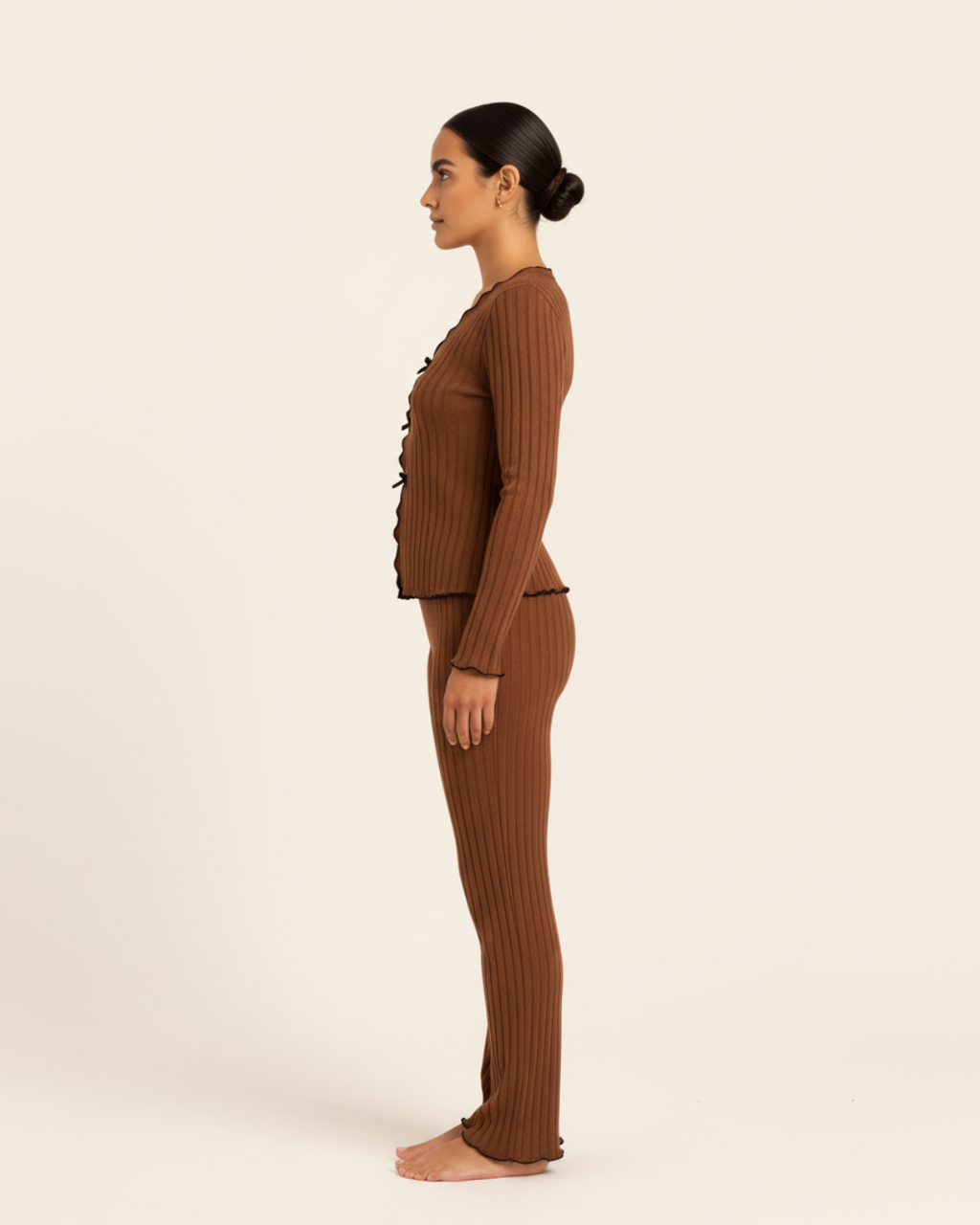 Women’s Cotton Pajama Set – Long Sleeve Top and Full Length Pants with Trim