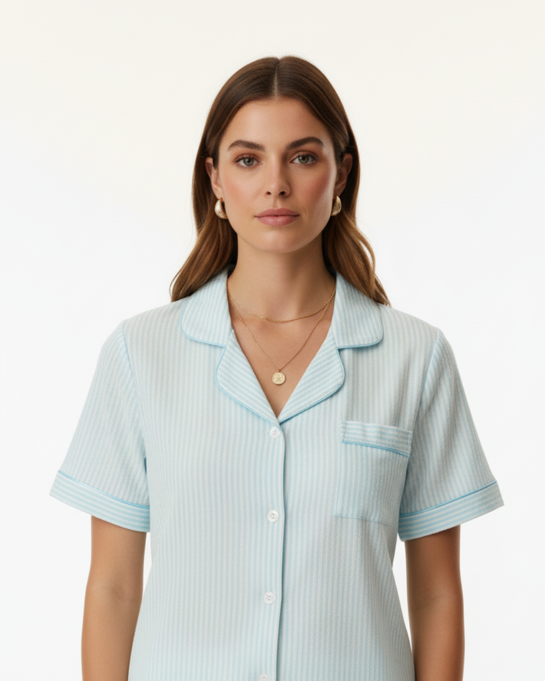 Women’s Light Blue Striped Pajama Set – Short Sleeve Button-Up Top and Long Pants