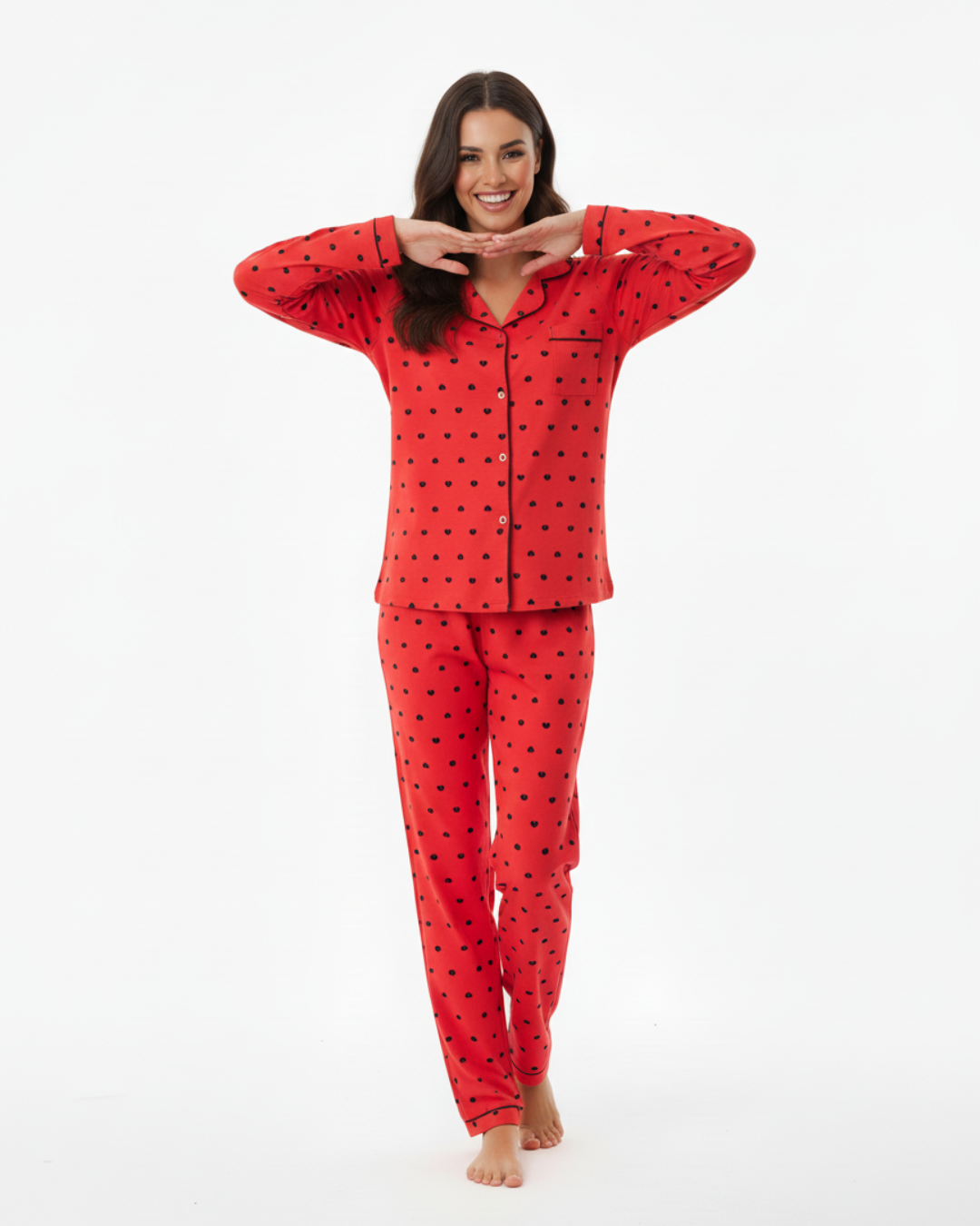 Women’s Red Heart Print Pajama Set – Long Sleeve Button Down Top and Pants