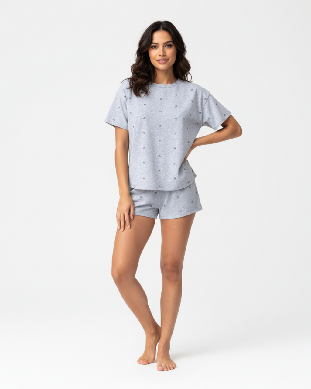 Women’s Gray Short Pajama Set – Cute Bow Print Sleepwear, Short Sleeve Top & Shorts