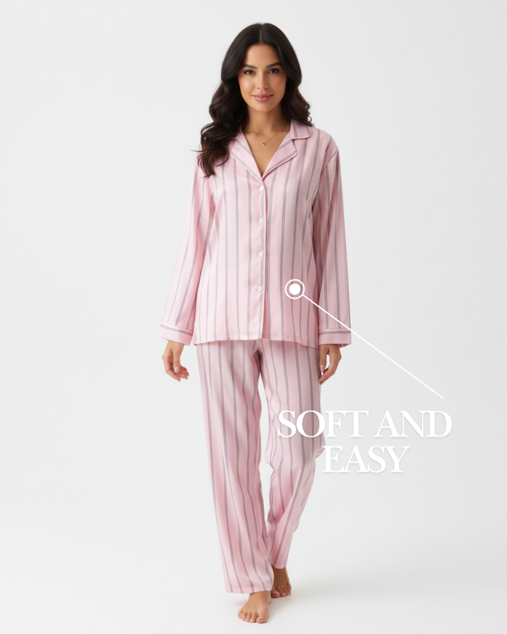 Women’s Long Pajama Set – Pink Striped Sleepwear with Button-Up Top & Pants