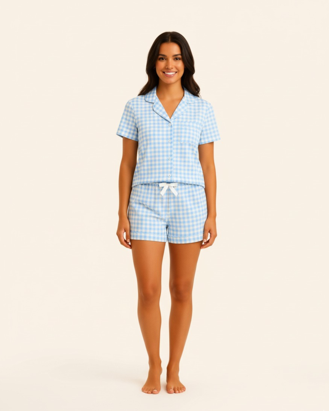 Women’s Short Pyjamas with White Bow - Short sleeve button-down top and matching shorts