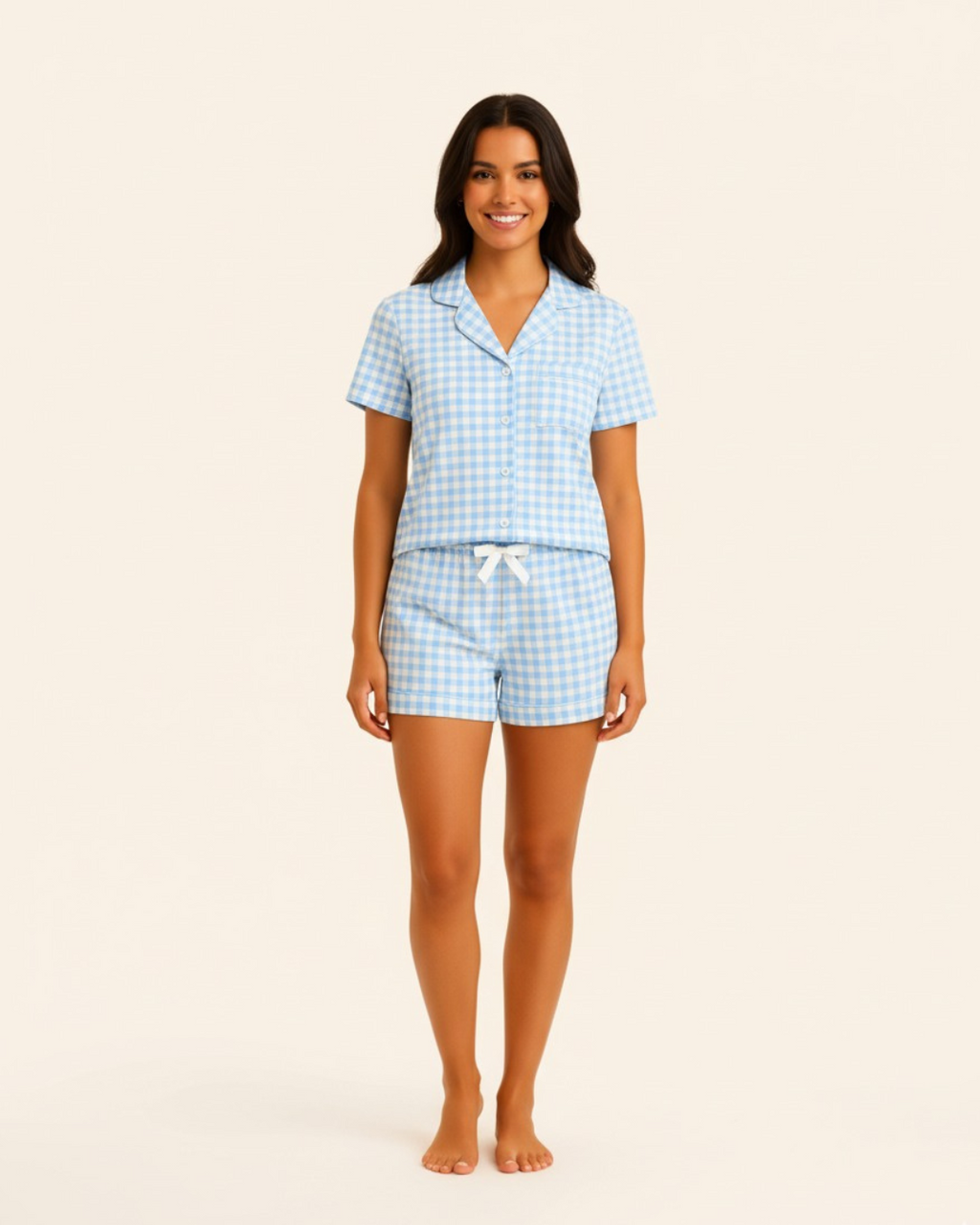 Women’s Short Pyjamas with White Bow - Short sleeve button-down top and matching shorts