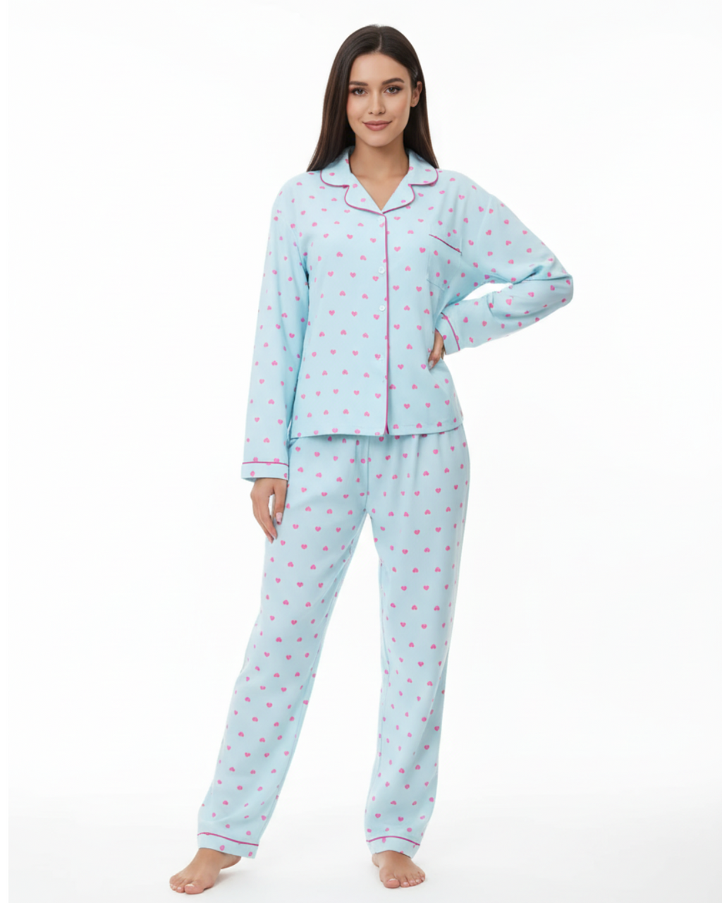 Women’s Blue Heart Print Pajama Set – Long Sleeve Button Down Top and Pants