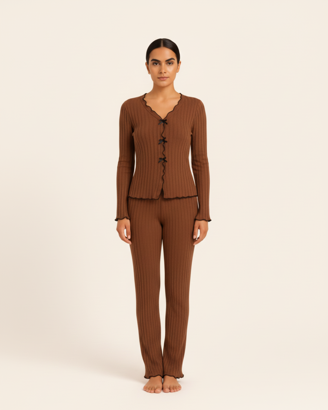 Women’s Cotton Pajama Set – Long Sleeve Top and Full Length Pants with Trim