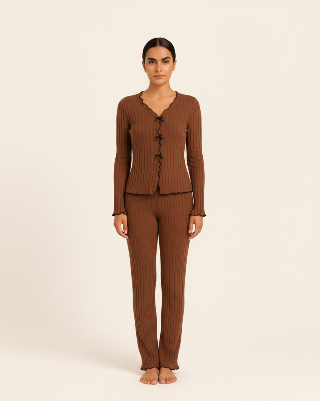 Women’s Cotton Pajama Set – Long Sleeve Top and Full Length Pants with Trim