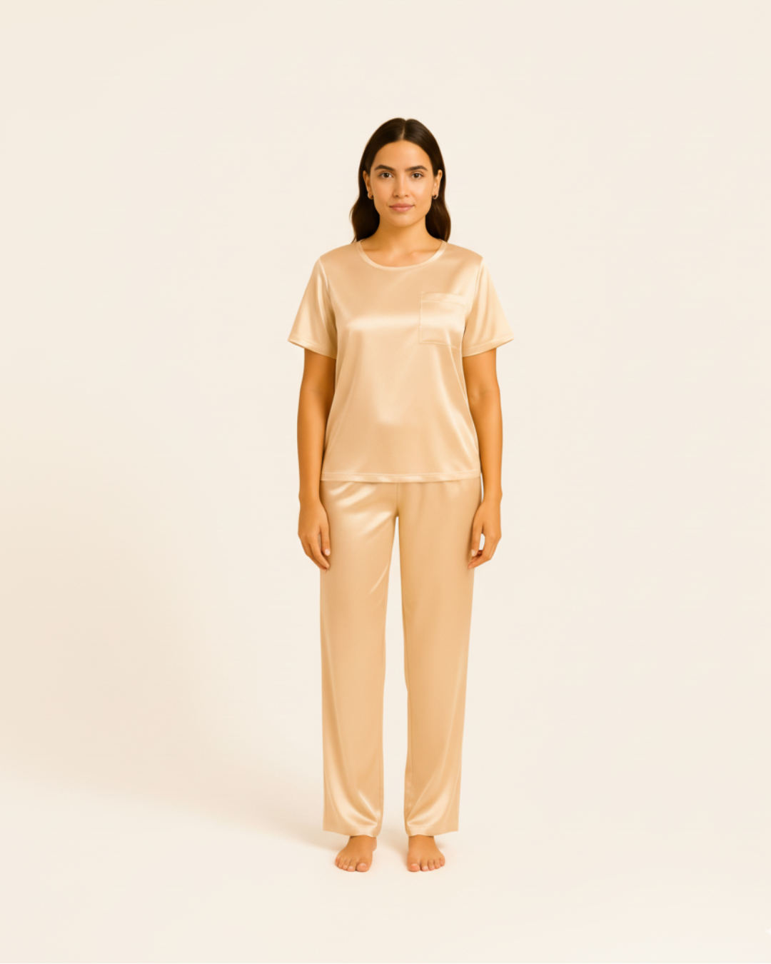 Women’s Satin Pajama Set – Short Sleeve Top and Long Pants Silky PJ Set