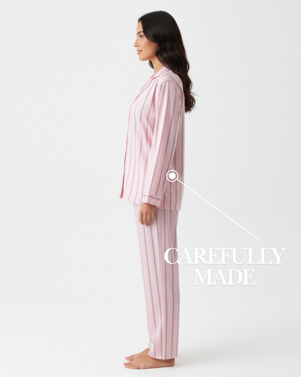 Women’s Long Pajama Set – Pink Striped Sleepwear with Button-Up Top & Pants