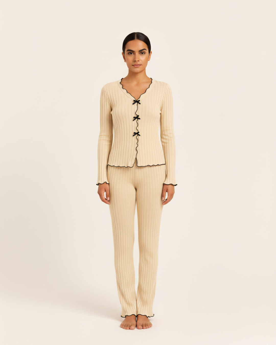 Women’s Cotton Pajama Set – Long Sleeve Top and Full Length Pants with Trim