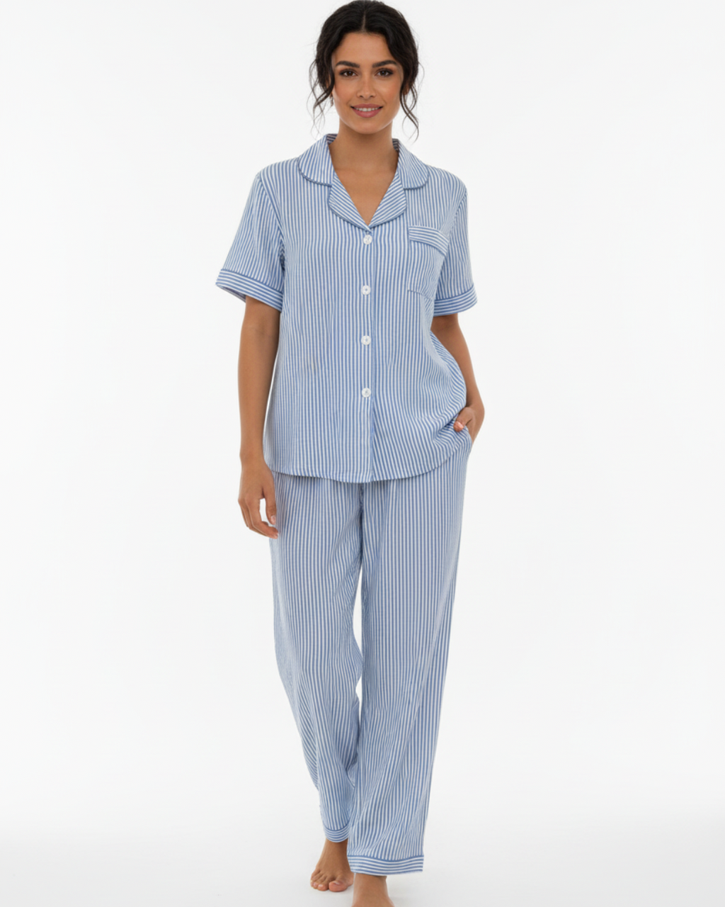 Women’s Blue and White Striped Pajama Set – Short Sleeve Button-Up Shirt and Long Pants