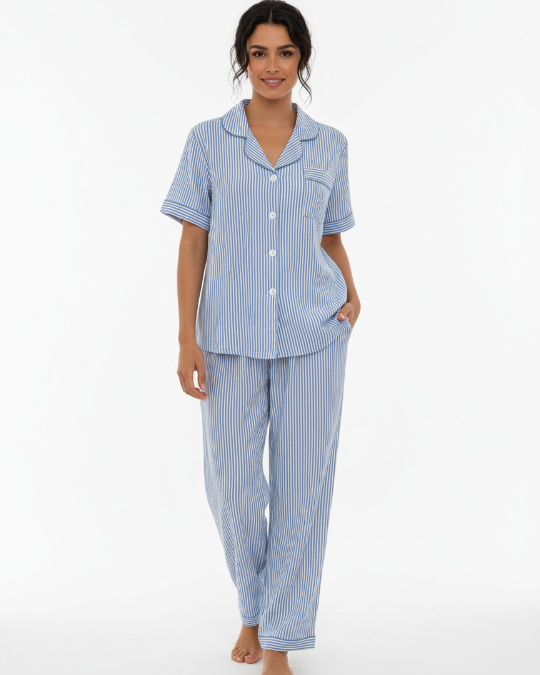 Women’s Blue and White Striped Pajama Set – Short Sleeve Button-Up Shirt and Long Pants