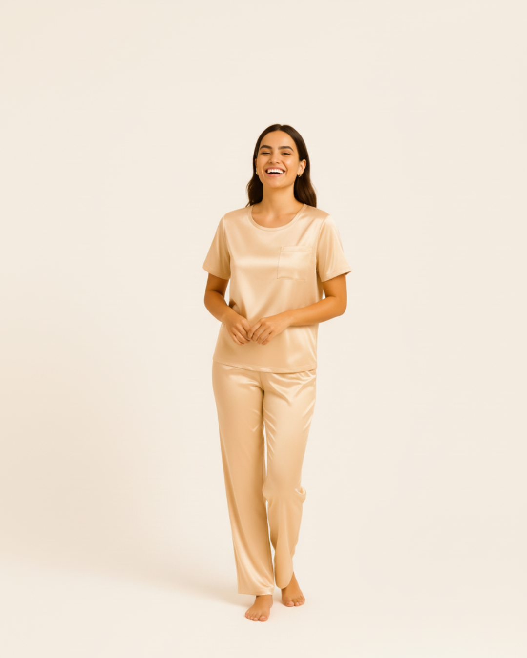 Women’s Satin Pajama Set – Short Sleeve Top and Long Pants Silky PJ Set