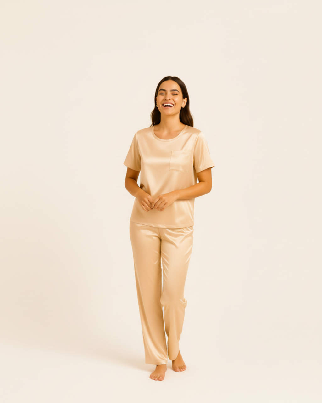 Women’s Satin Pajama Set – Short Sleeve Top and Long Pants Silky PJ Set