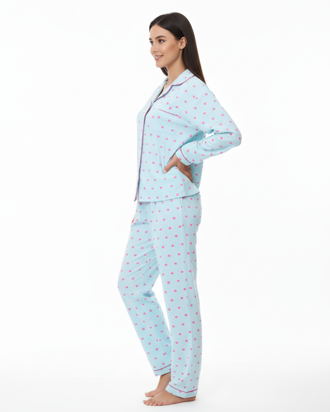 Women’s Blue Heart Print Pajama Set – Long Sleeve Button Down Top and Pants