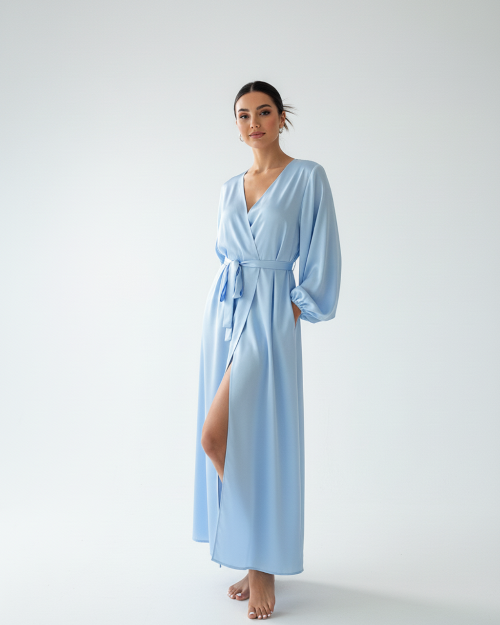 Women’s Long Kimono Robe – Elegant Satin Maxi Bathrobe with Belt, Light Blue Bridal & Lounge Wear