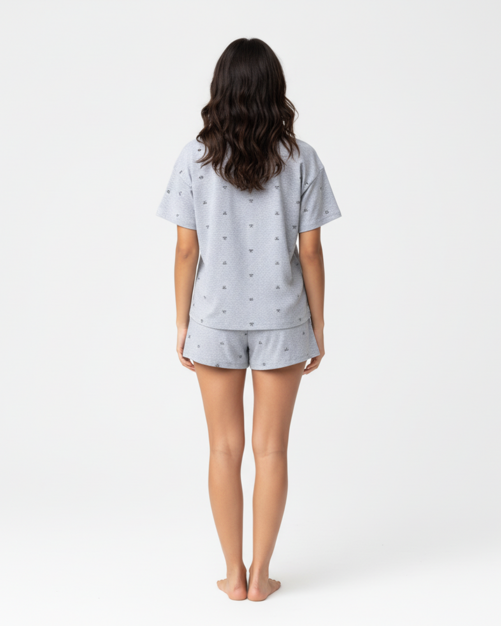 Women’s Gray Short Pajama Set – Cute Bow Print Sleepwear, Short Sleeve Top & Shorts