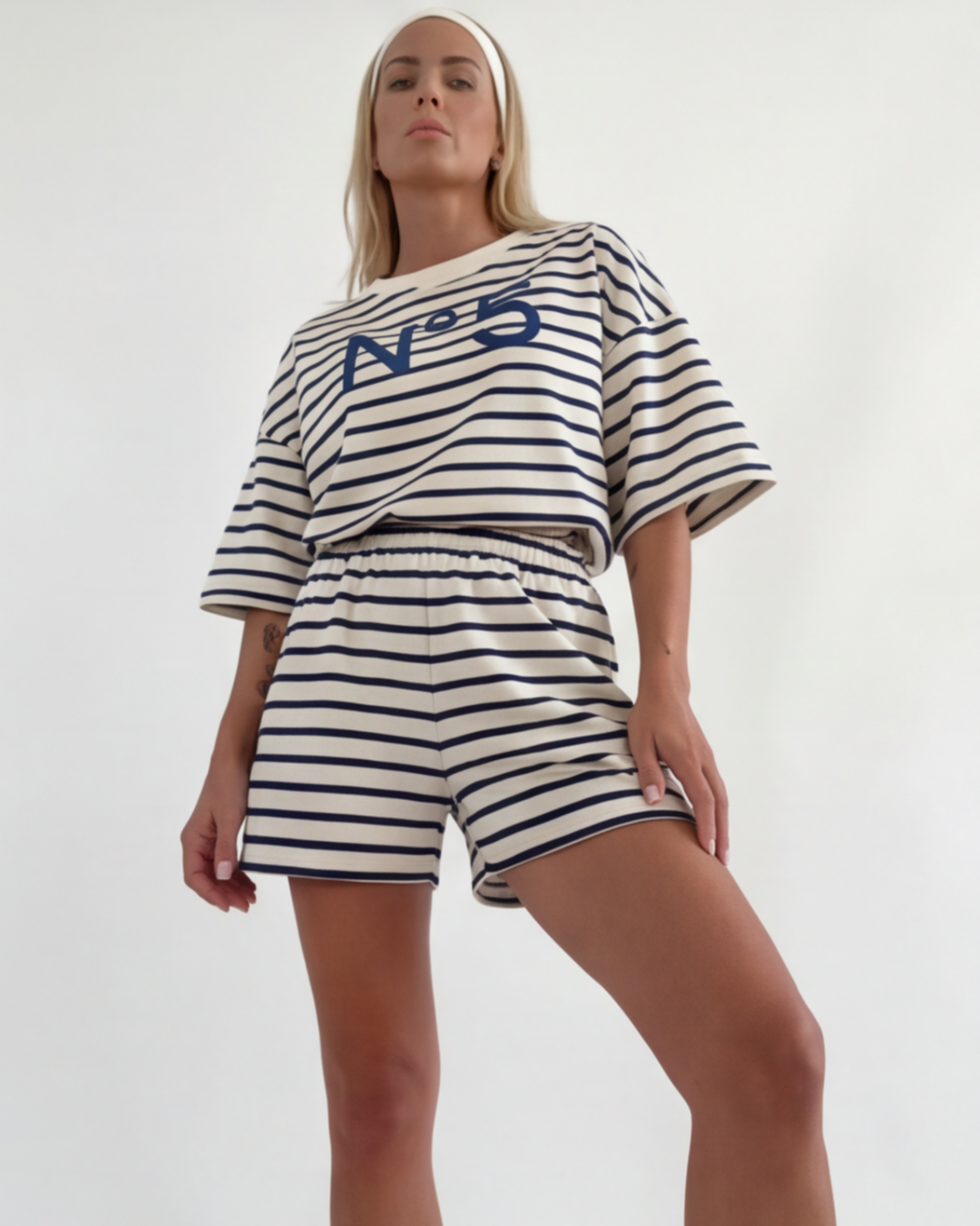 Women’s Striped Cotton Loungewear Set – Loose Fit Round Neck Top and Shorts