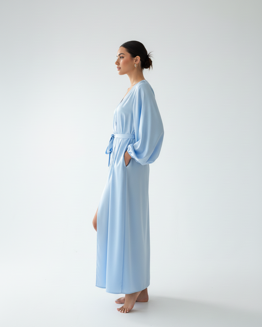 Women’s Long Kimono Robe – Elegant Satin Maxi Bathrobe with Belt, Light Blue Bridal & Lounge Wear