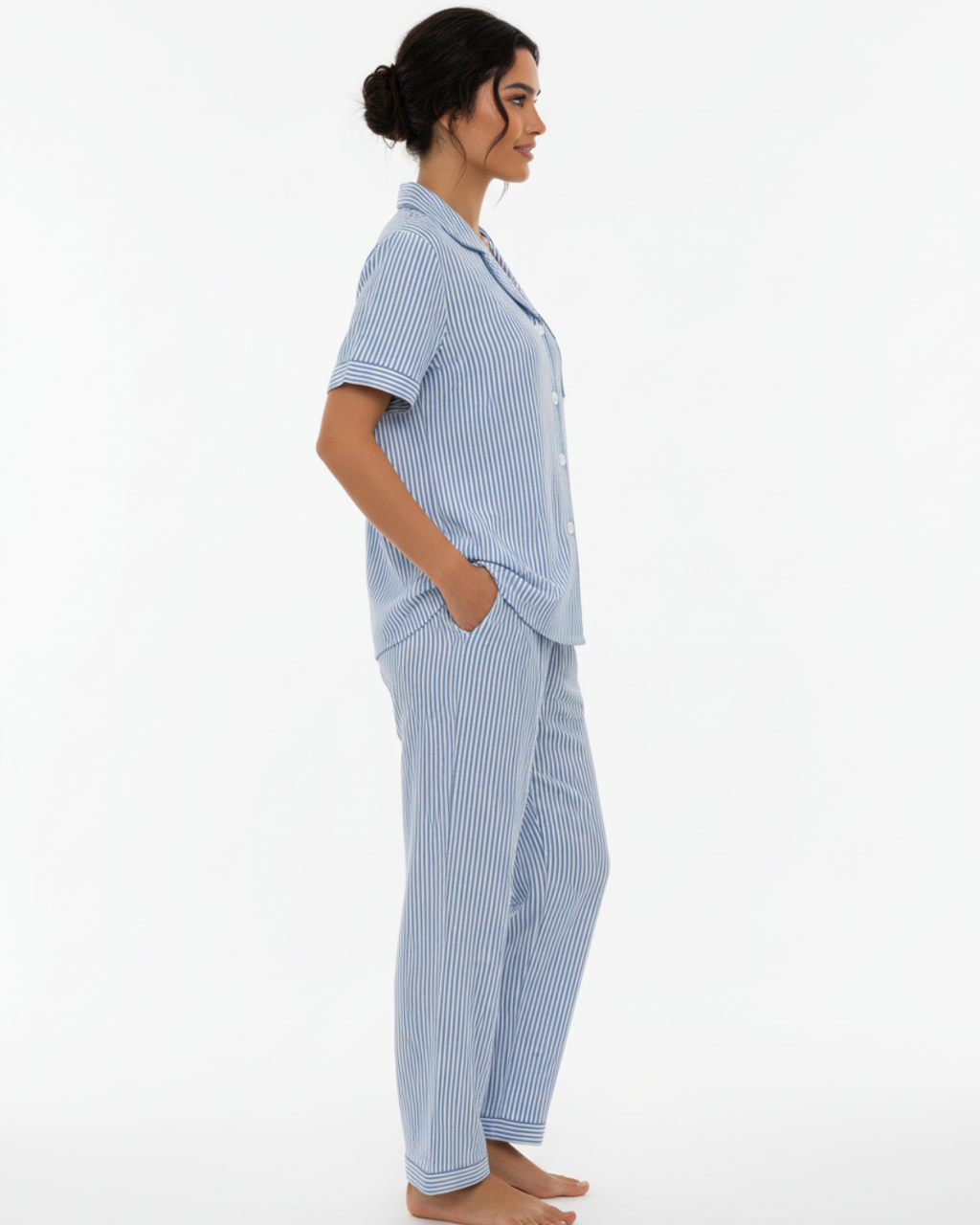 Women’s Blue and White Striped Pajama Set – Short Sleeve Button-Up Shirt and Long Pants