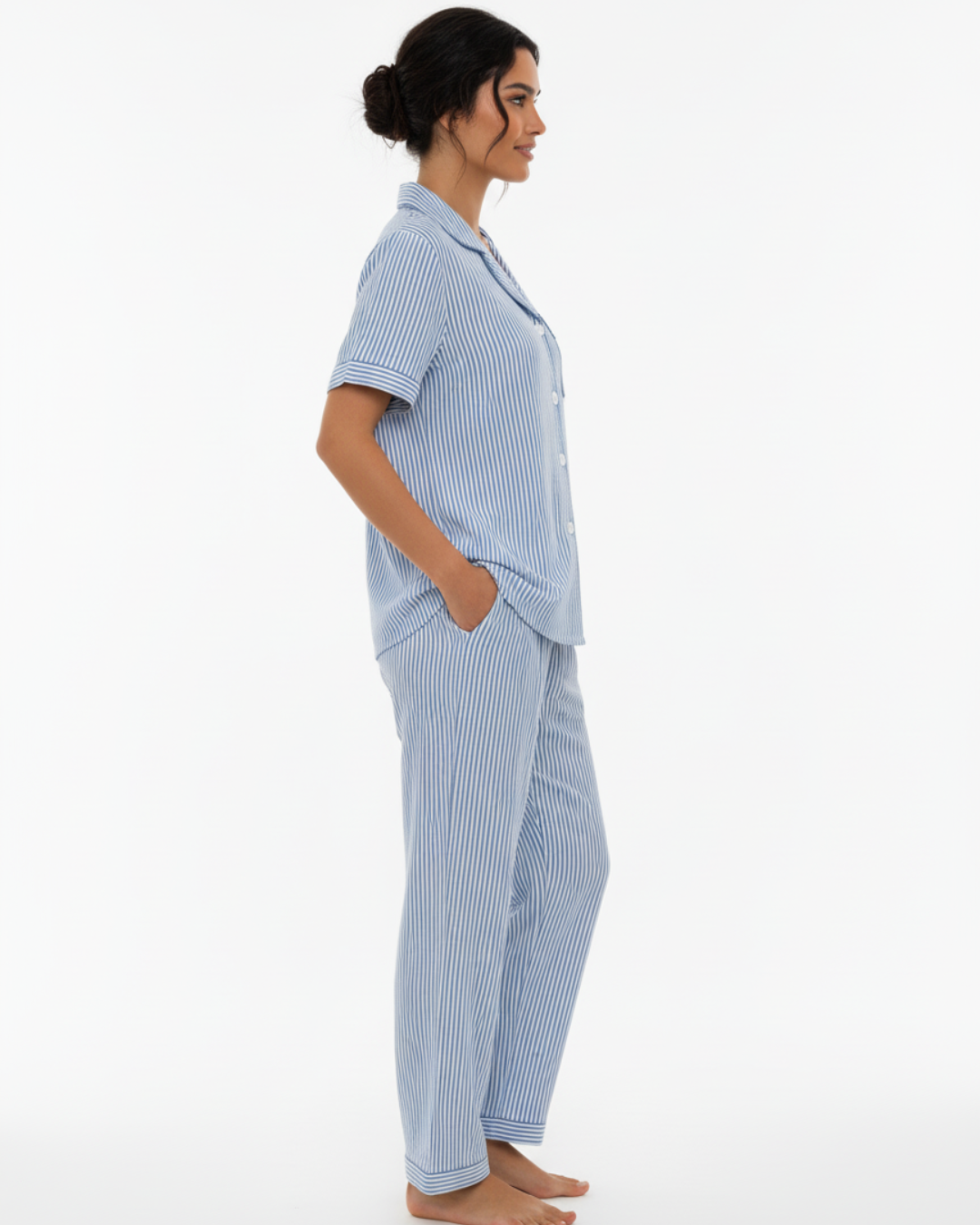 Women’s Blue and White Striped Pajama Set – Short Sleeve Button-Up Shirt and Long Pants