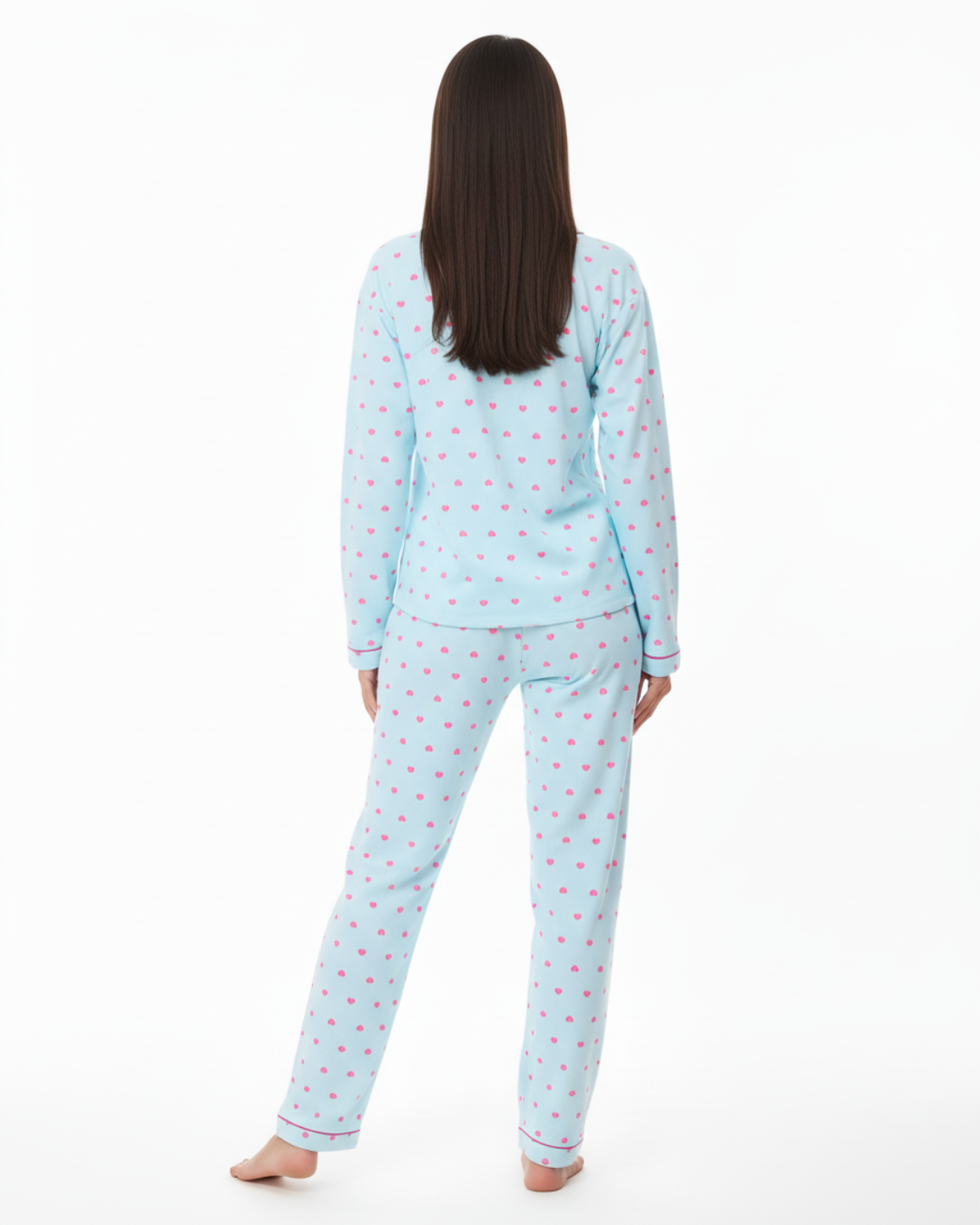 Women’s Blue Heart Print Pajama Set – Long Sleeve Button Down Top and Pants