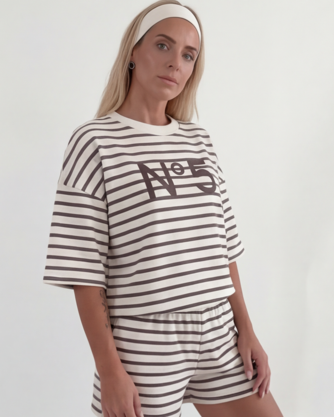 Women’s Striped Cotton Loungewear Set – Loose Fit Round Neck Top and Shorts