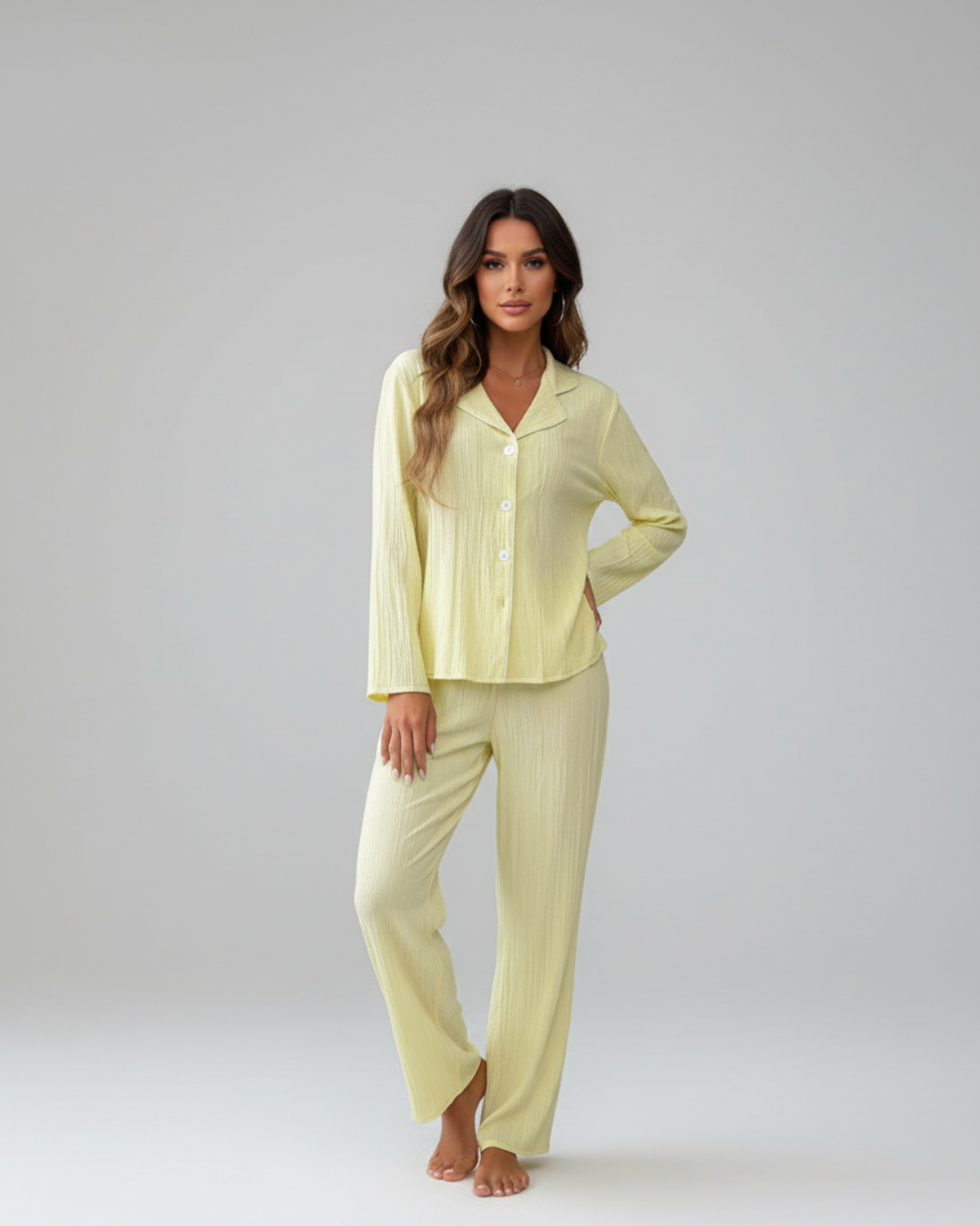 Soft Yellow Long Pajama Set – Button-Up Shirt & Relaxed Pants