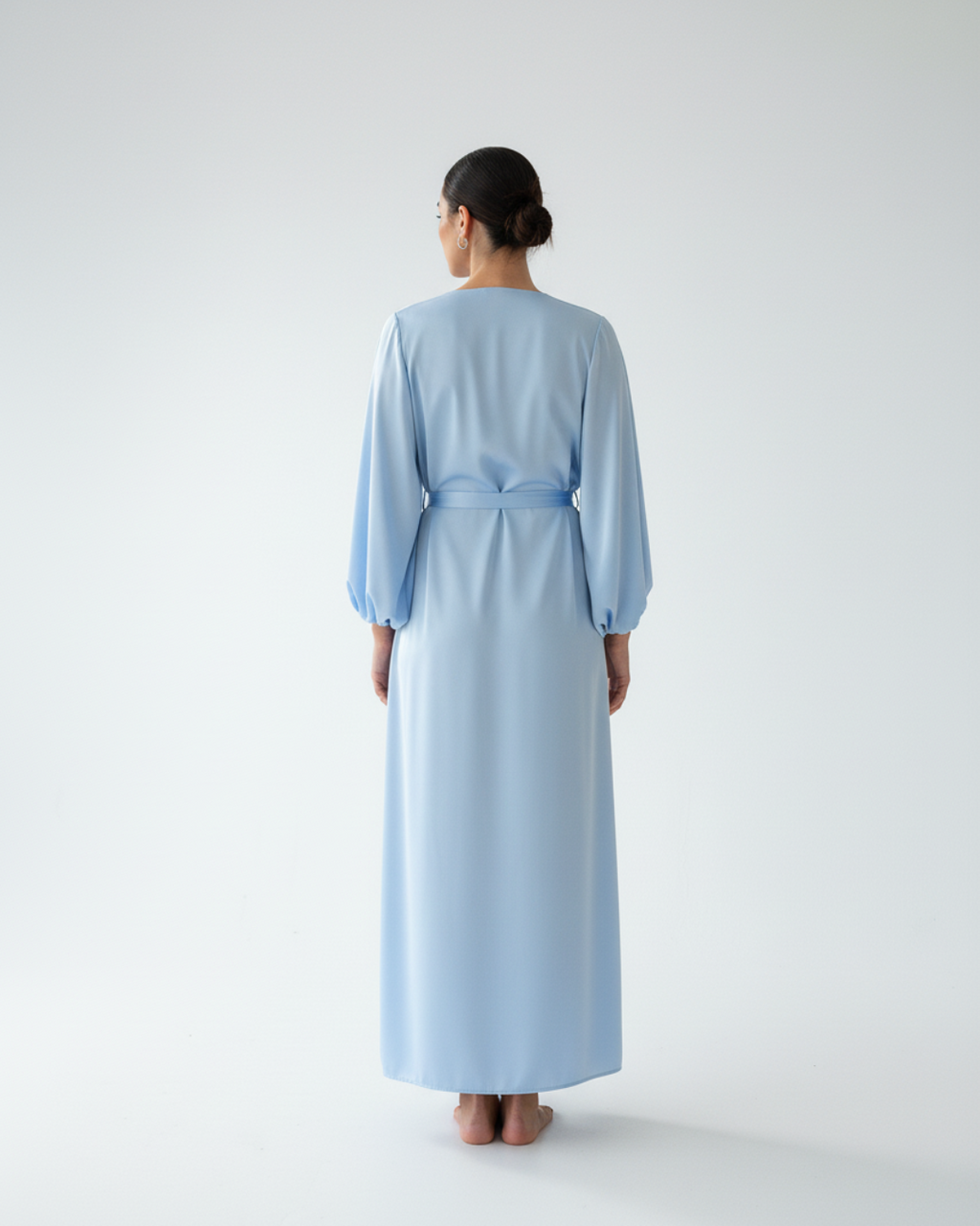 Women’s Long Kimono Robe – Elegant Satin Maxi Bathrobe with Belt, Light Blue Bridal & Lounge Wear