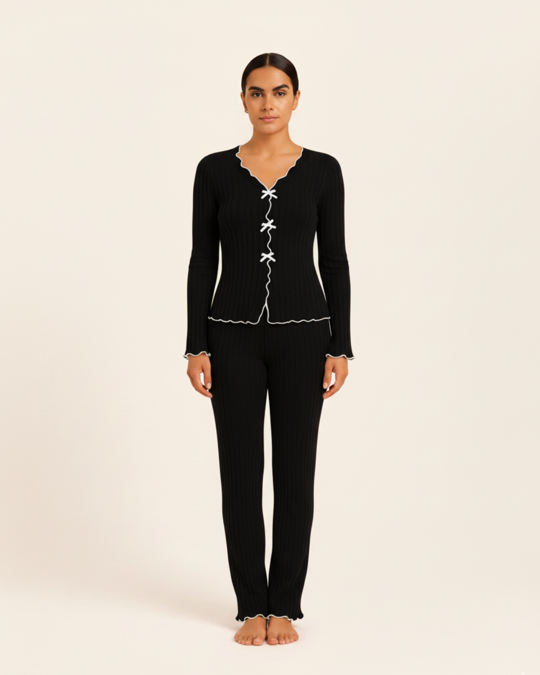 Women’s Cotton Pajama Set – Long Sleeve Top and Full Length Pants with Trim