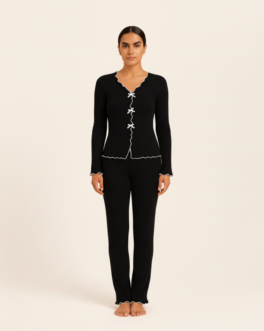 Women’s Cotton Pajama Set – Long Sleeve Top and Full Length Pants with Trim