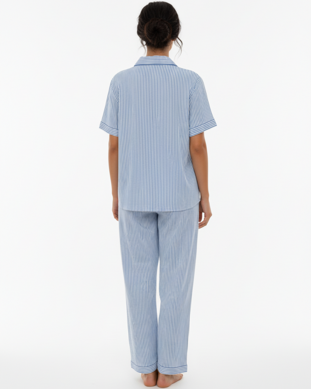 Women’s Blue and White Striped Pajama Set – Short Sleeve Button-Up Shirt and Long Pants