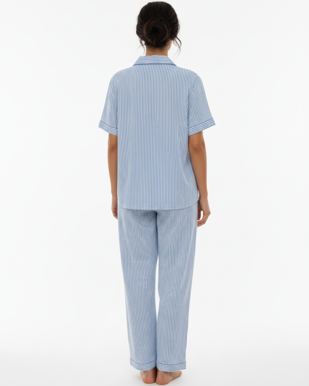 Women’s Blue and White Striped Pajama Set – Short Sleeve Button-Up Shirt and Long Pants