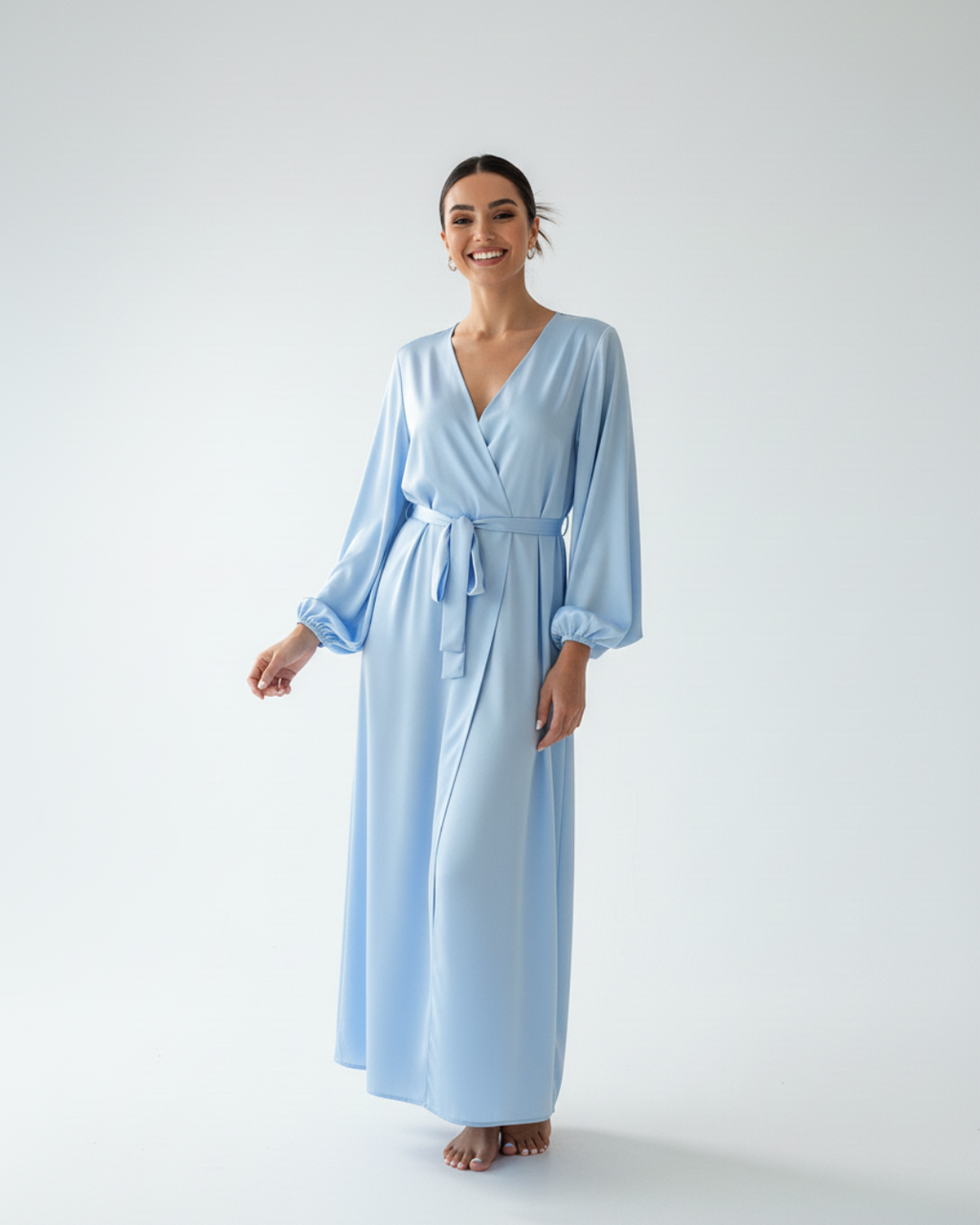 Women’s Long Kimono Robe – Elegant Satin Maxi Bathrobe with Belt, Light Blue Bridal & Lounge Wear