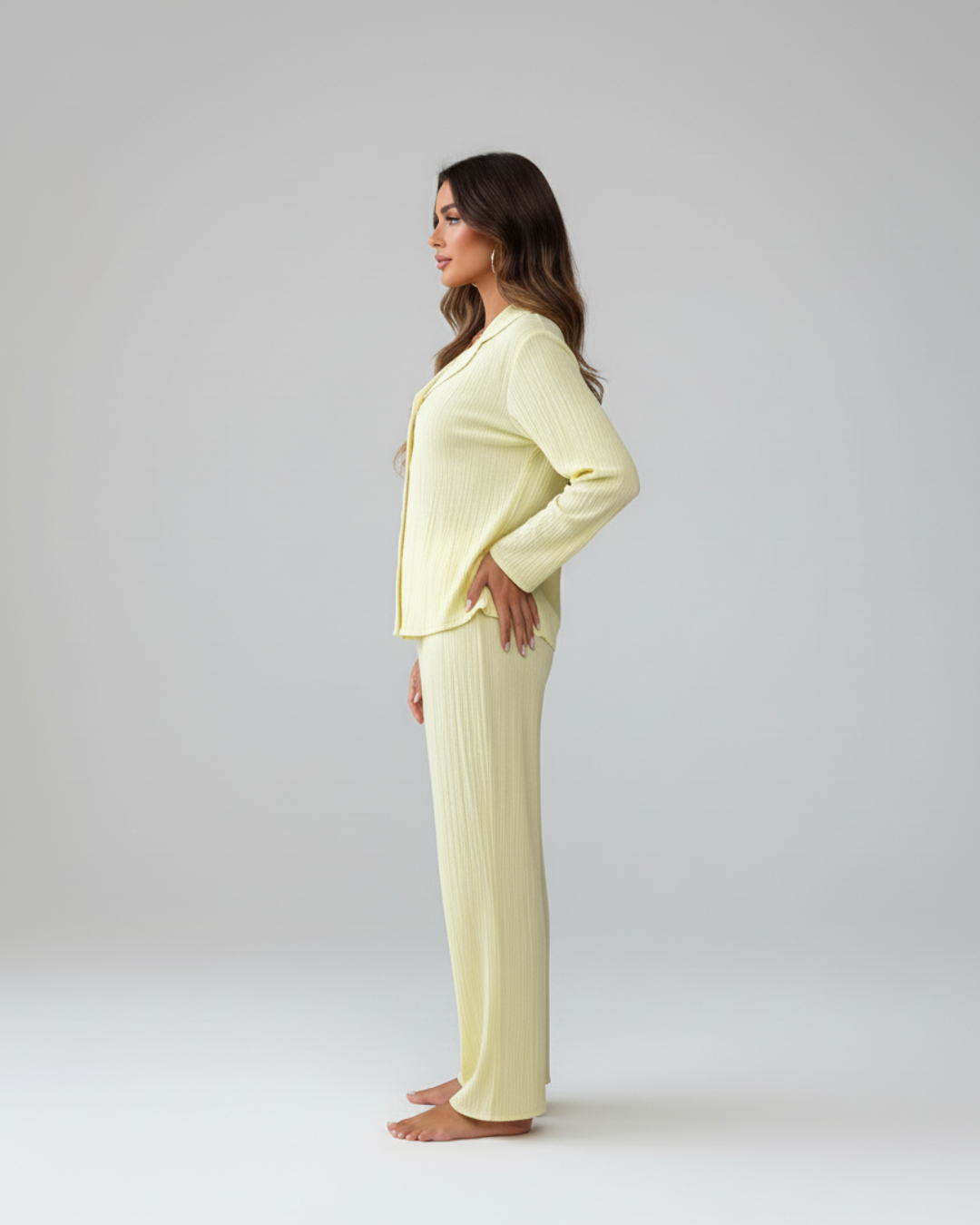 Soft Yellow Long Pajama Set – Button-Up Shirt & Relaxed Pants
