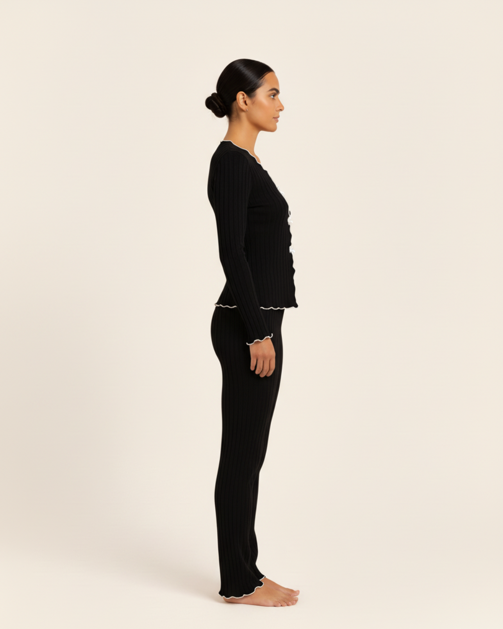 Women’s Cotton Pajama Set – Long Sleeve Top and Full Length Pants with Trim