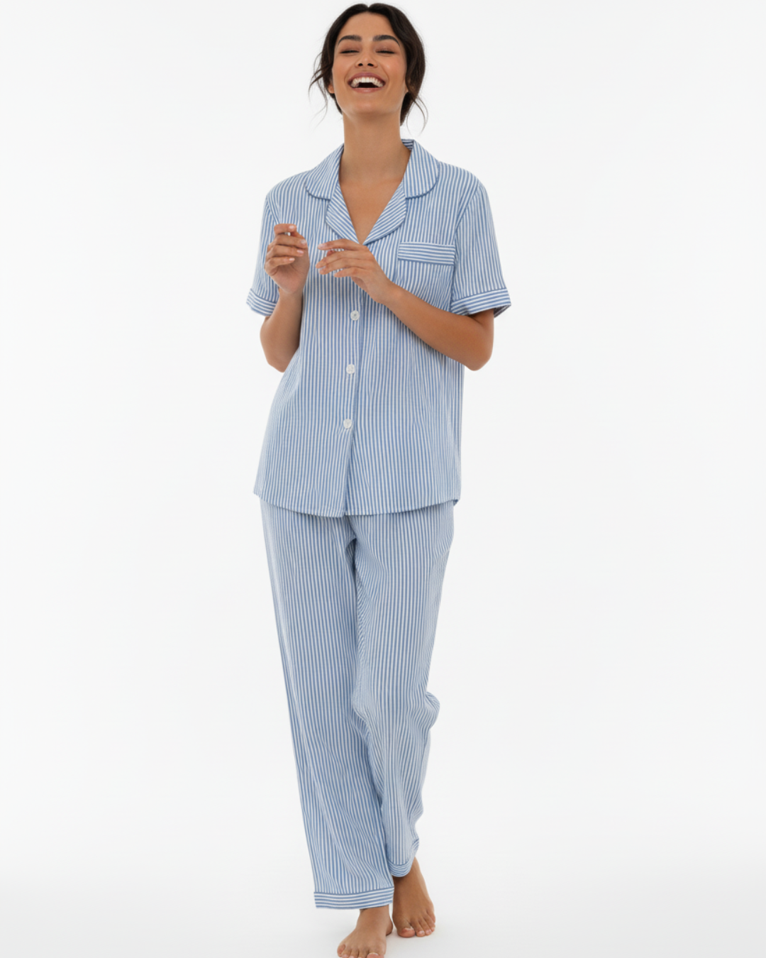 Women’s Blue and White Striped Pajama Set – Short Sleeve Button-Up Shirt and Long Pants