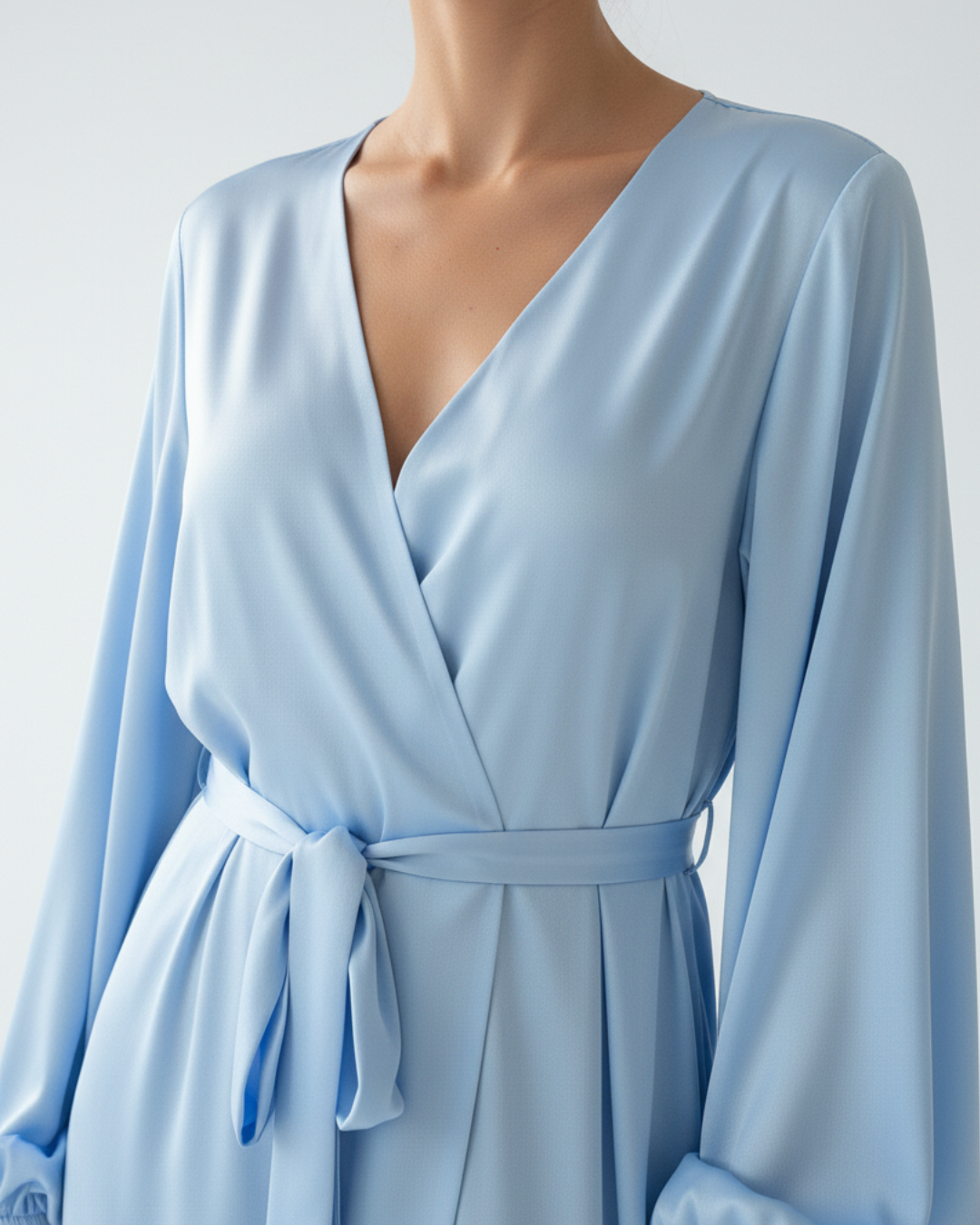 Women’s Long Kimono Robe – Elegant Satin Maxi Bathrobe with Belt, Light Blue Bridal & Lounge Wear