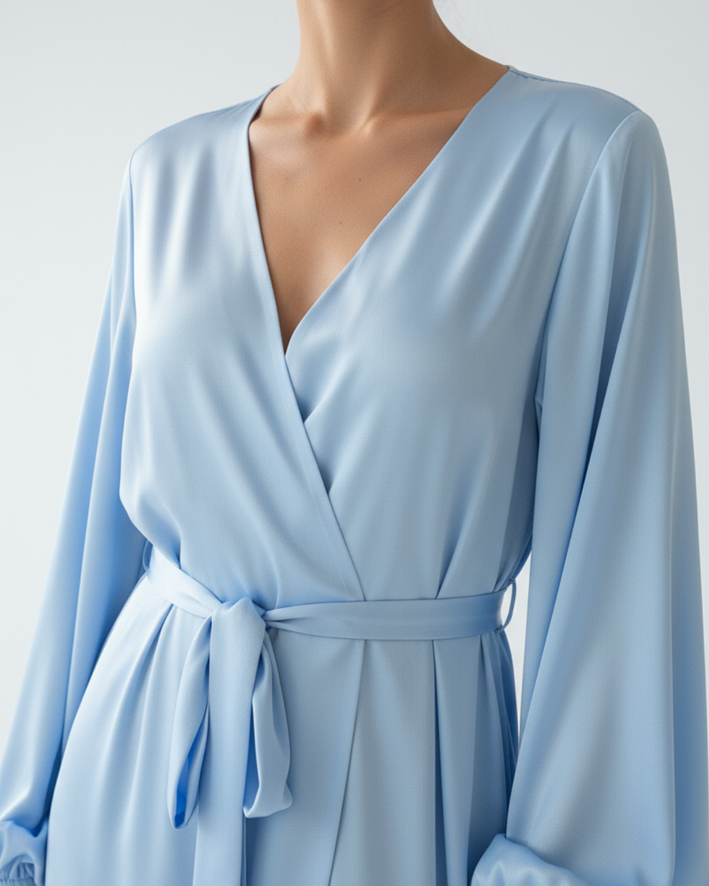 Women’s Long Kimono Robe – Elegant Satin Maxi Bathrobe with Belt, Light Blue Bridal & Lounge Wear