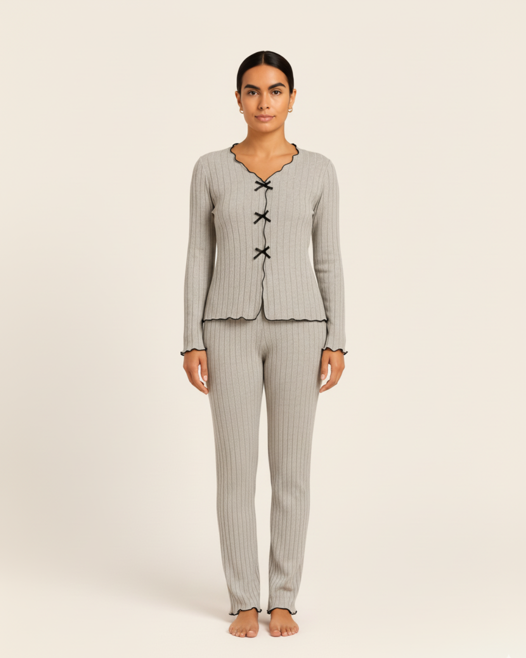 Women’s Cotton Pajama Set – Long Sleeve Top and Full Length Pants with Trim