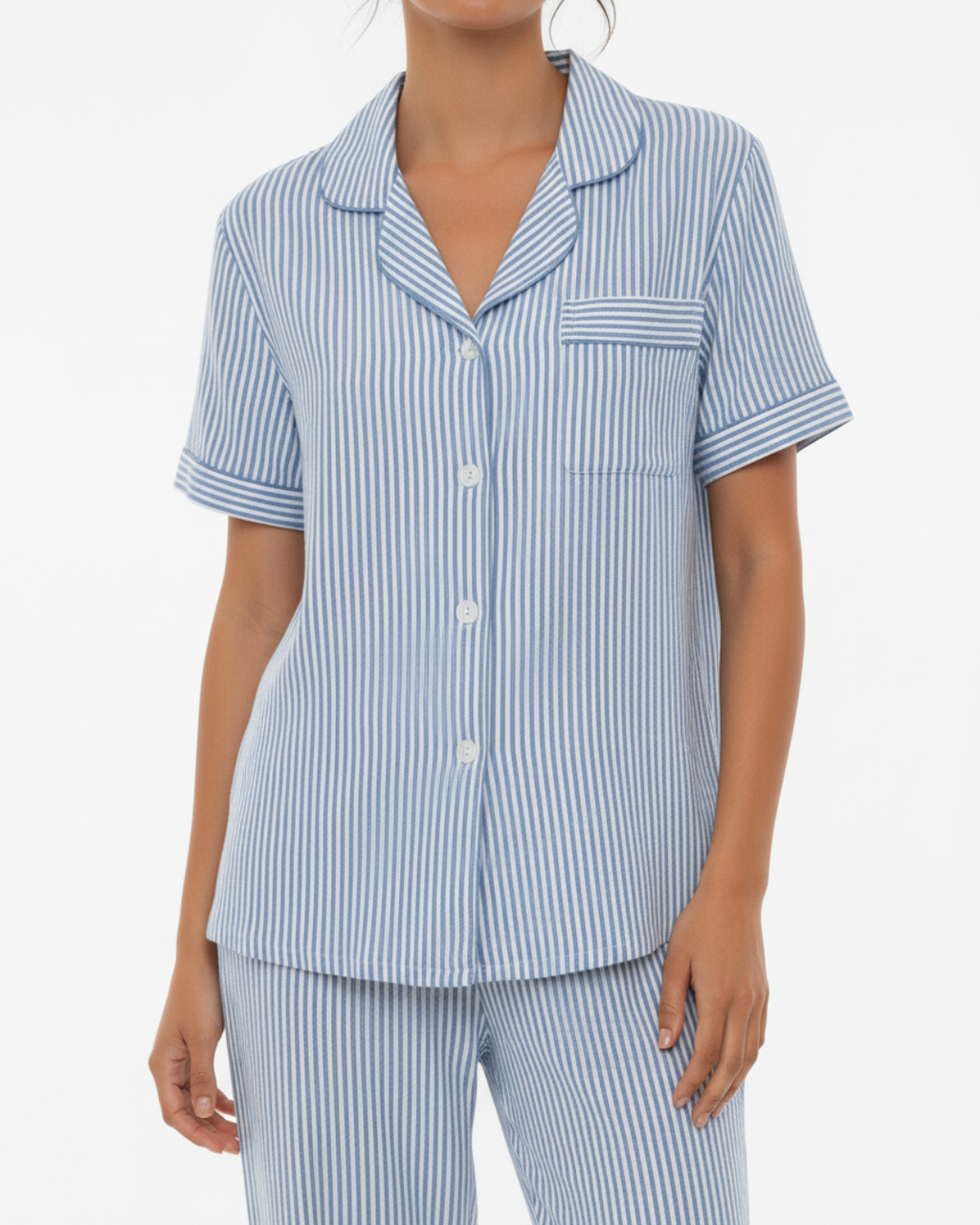 Women’s Blue and White Striped Pajama Set – Short Sleeve Button-Up Shirt and Long Pants