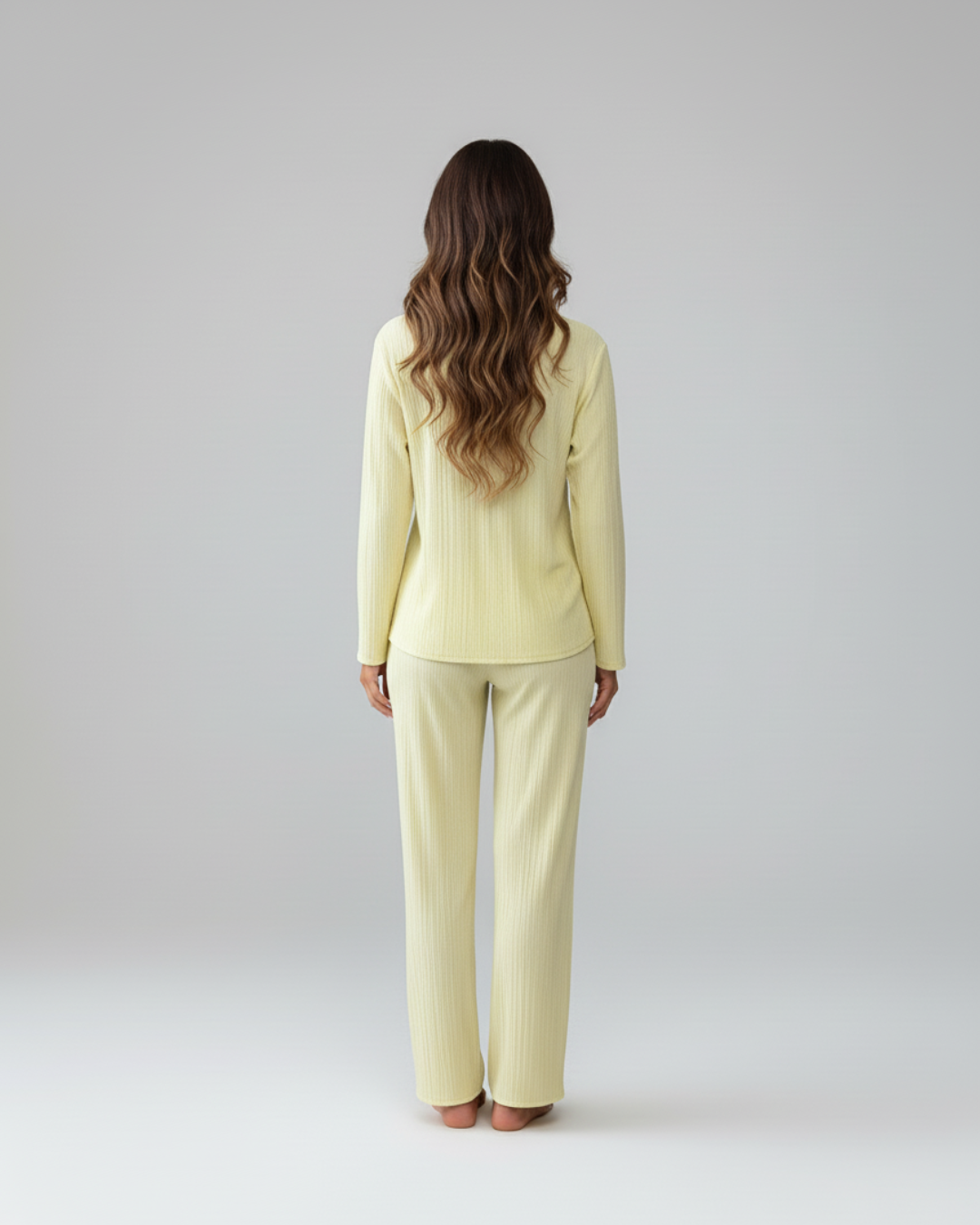 Soft Yellow Long Pajama Set – Button-Up Shirt & Relaxed Pants