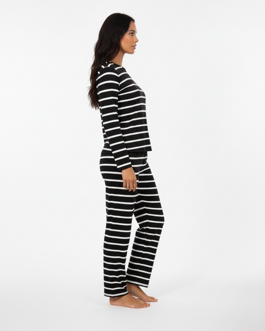 Long Women’s Pajama Set – Striped Cotton Sleepwear Top & Pants Loungewear