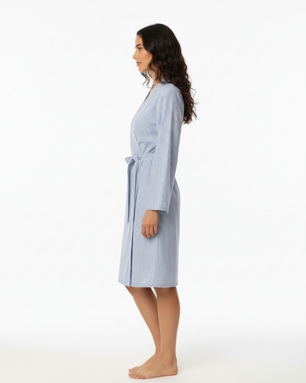 Women’s Blue and White Striped Kimono Robe – Lightweight Cotton Bathrobe
