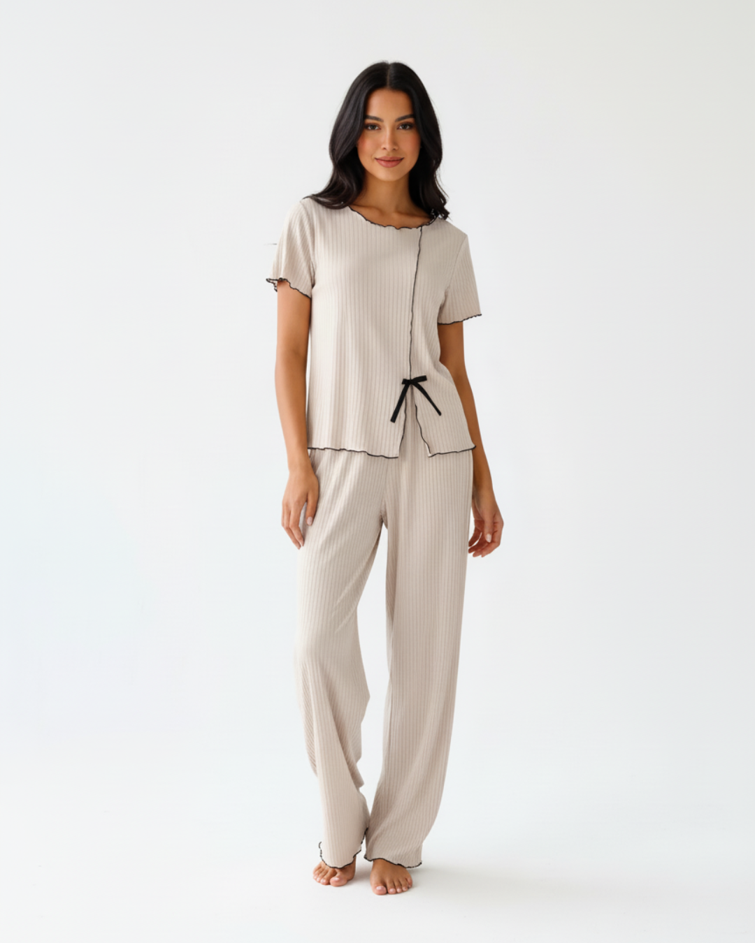 Women’s Beige Ribbed Pajama Set – Short Sleeve Two Piece PJ Set with Tie Waist