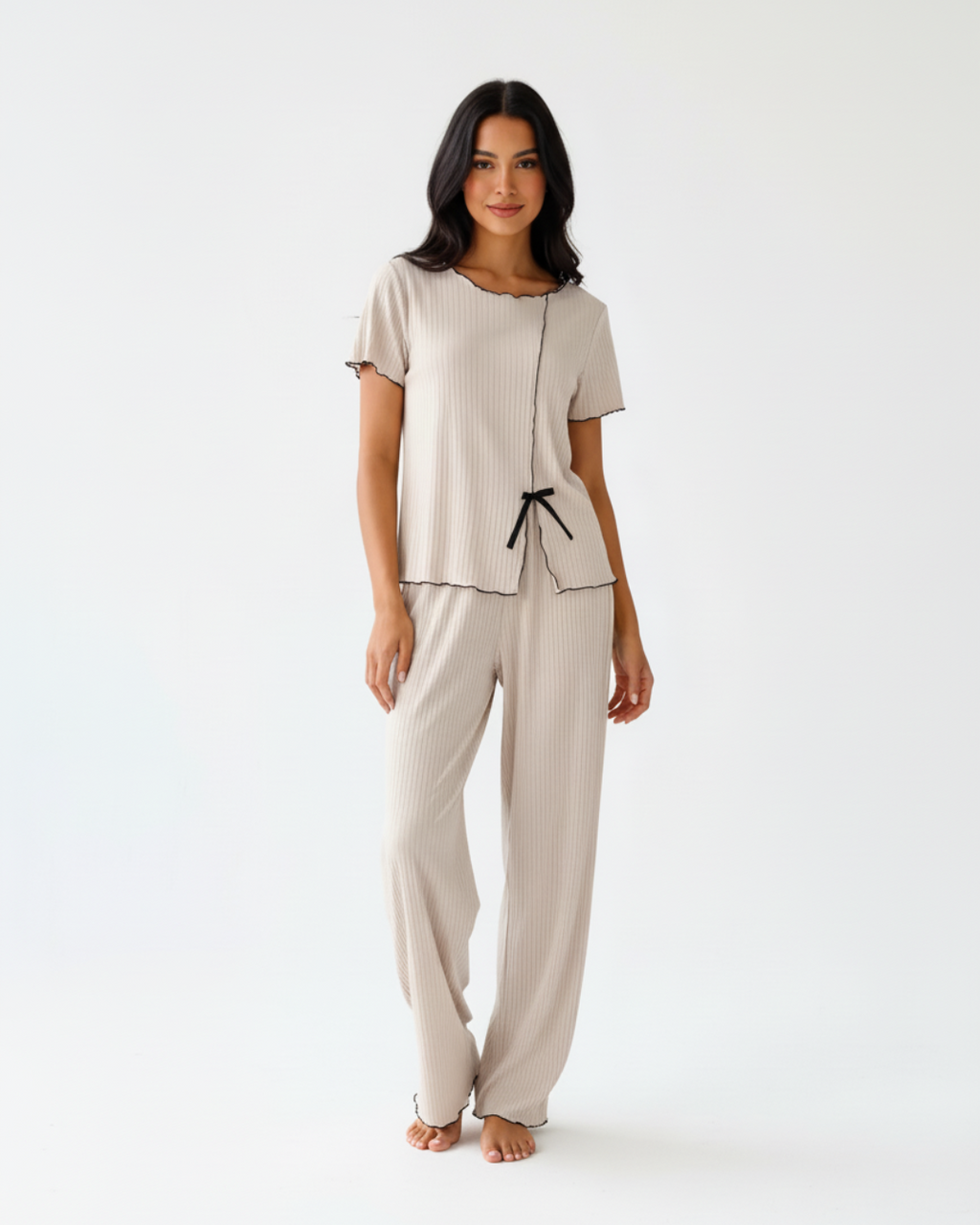Women’s Beige Ribbed Pajama Set – Short Sleeve Two Piece PJ Set with Tie Waist