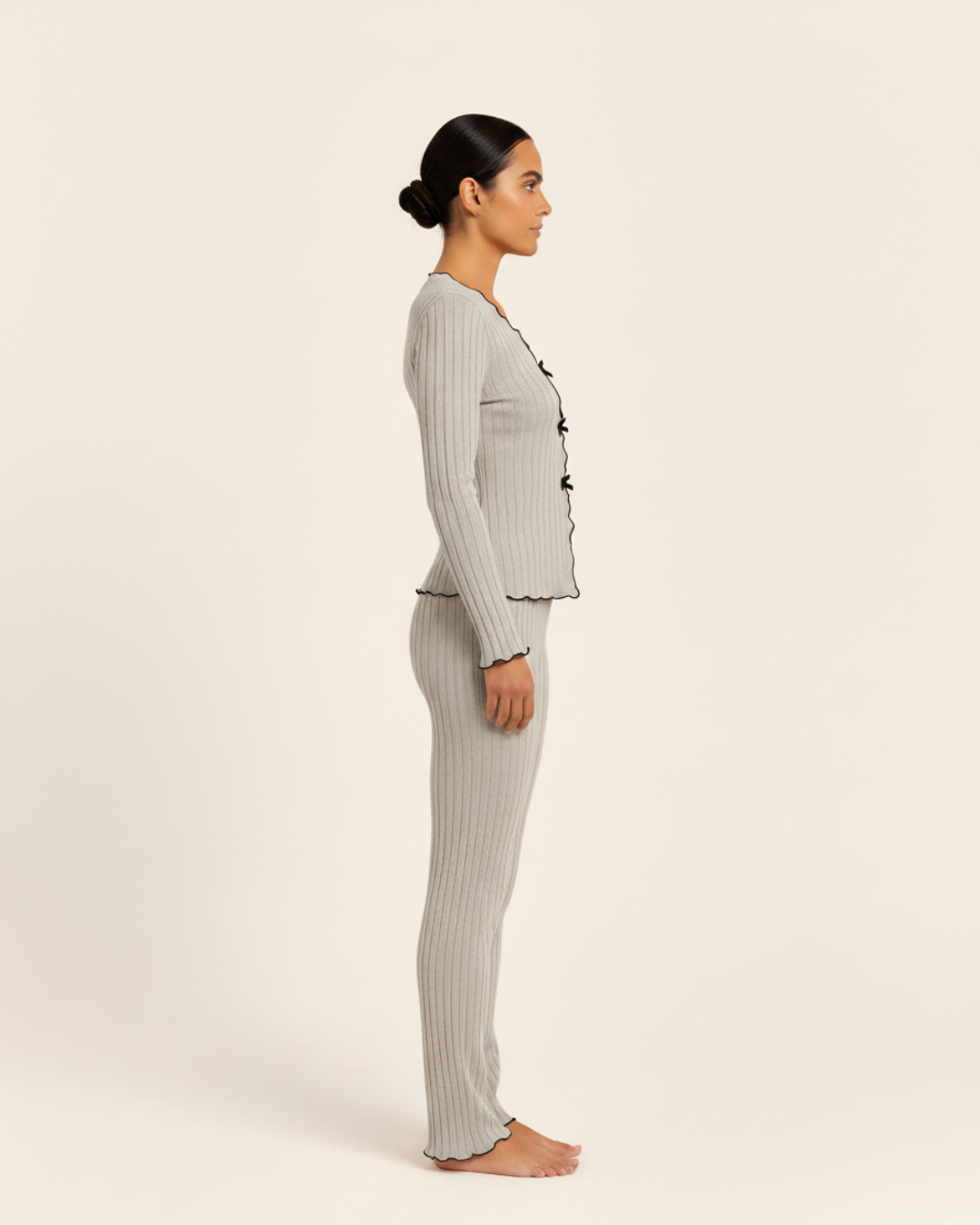 Women’s Cotton Pajama Set – Long Sleeve Top and Full Length Pants with Trim