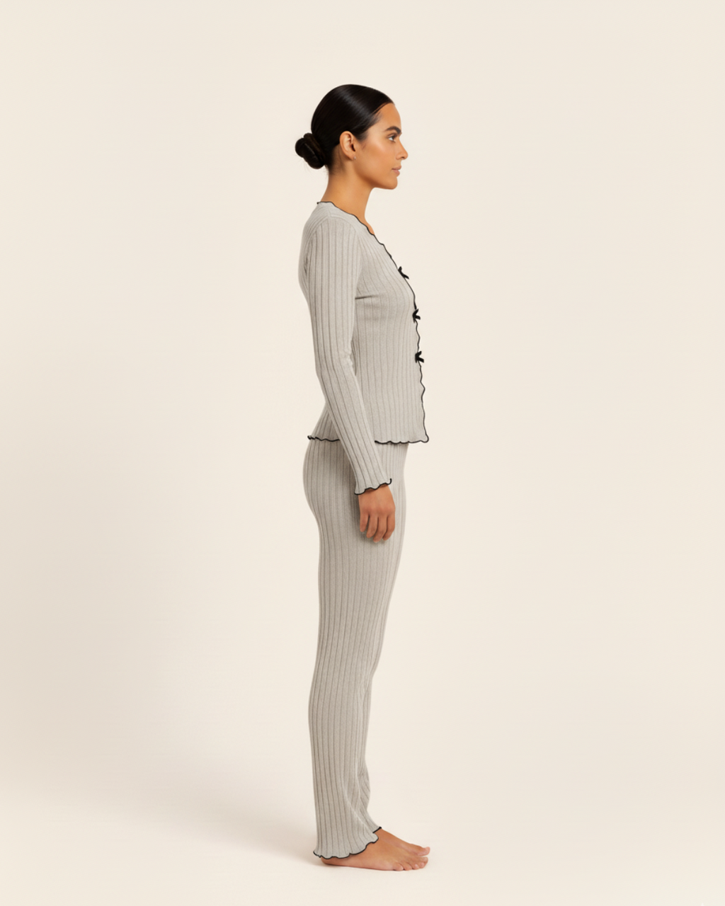 Women’s Cotton Pajama Set – Long Sleeve Top and Full Length Pants with Trim